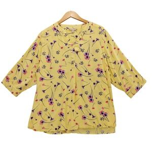 Woman‎ Within Floral Top 1X Yellow Pink Purple 3/4 Sleeve Blouse